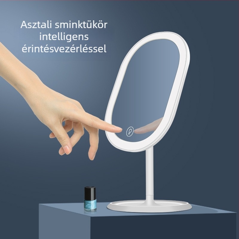 Asztali sminktükör beépített LED-fénnyel, egyoldalas, műanyag tárolóval, testreszabható