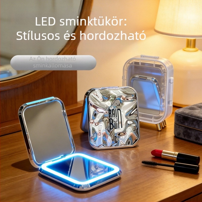 LED sminktükör lámpával, összecsukható asztali és kézi tükörrel, kétoldalas, hordozható kollégiumi szobához