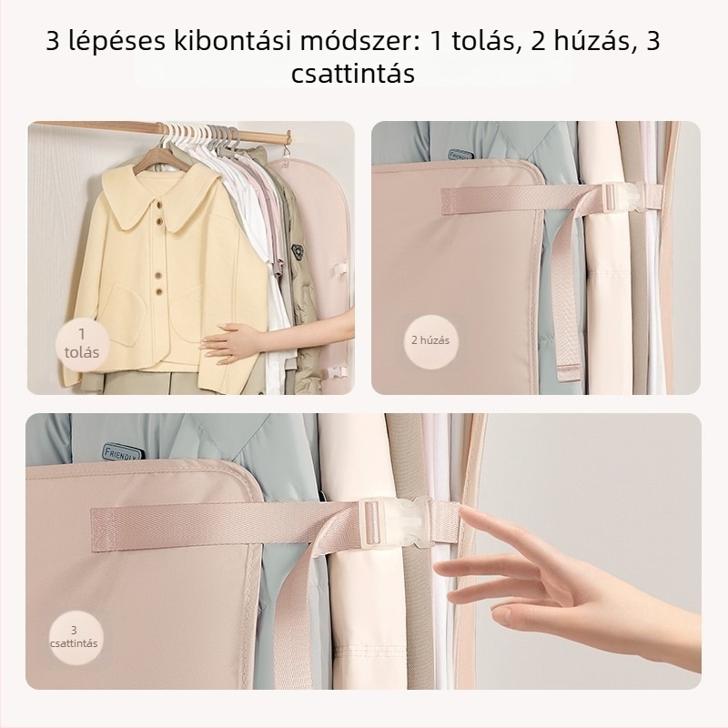 Garderob-kompressziós tárolólemez porvédő takaróval, ruhák tárolására szolgáló megoldás, összecsukható textile tároló táska pehelykabátokhoz