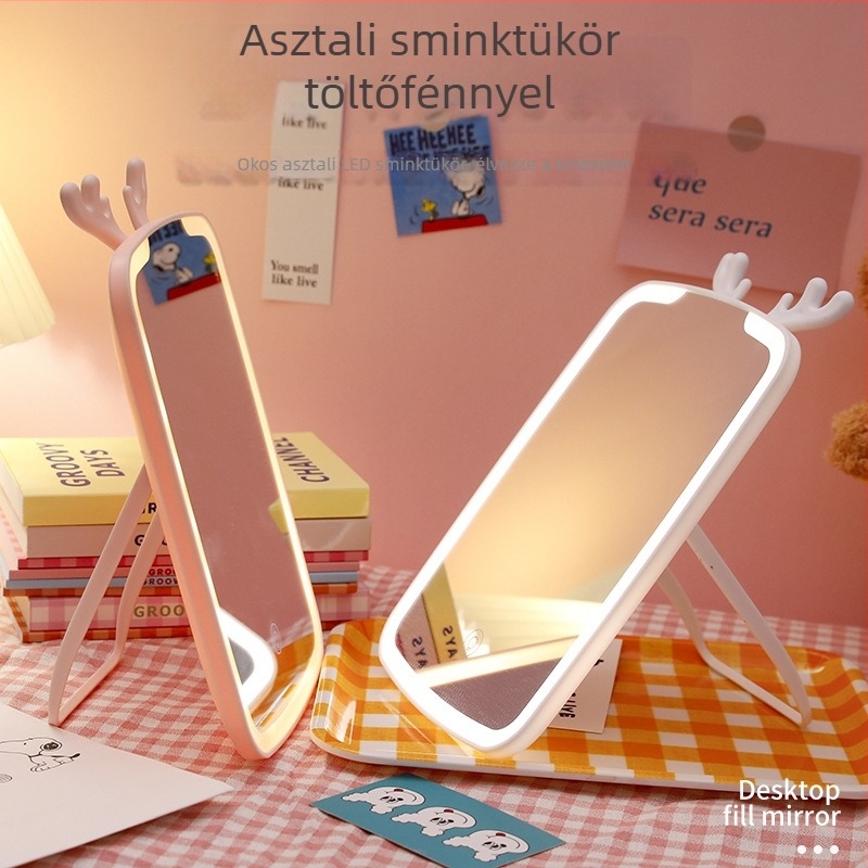 LED sminktükör lámpával asztali használatra, hordozható, háromszínű világítással és töltéssel