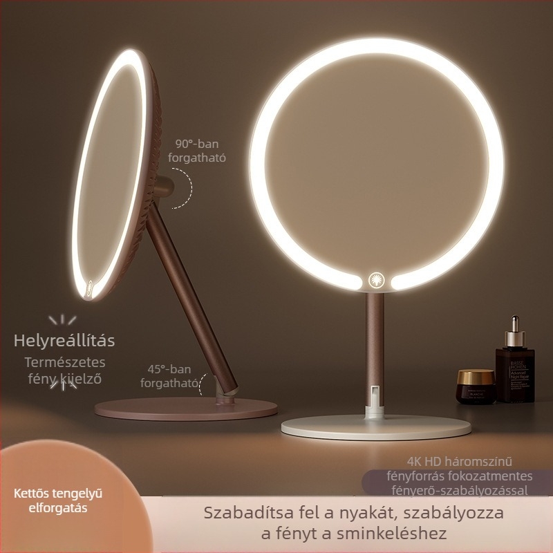 LED világítású sminktükör asztali állvánnyal és integrált tárolóval, hordozható