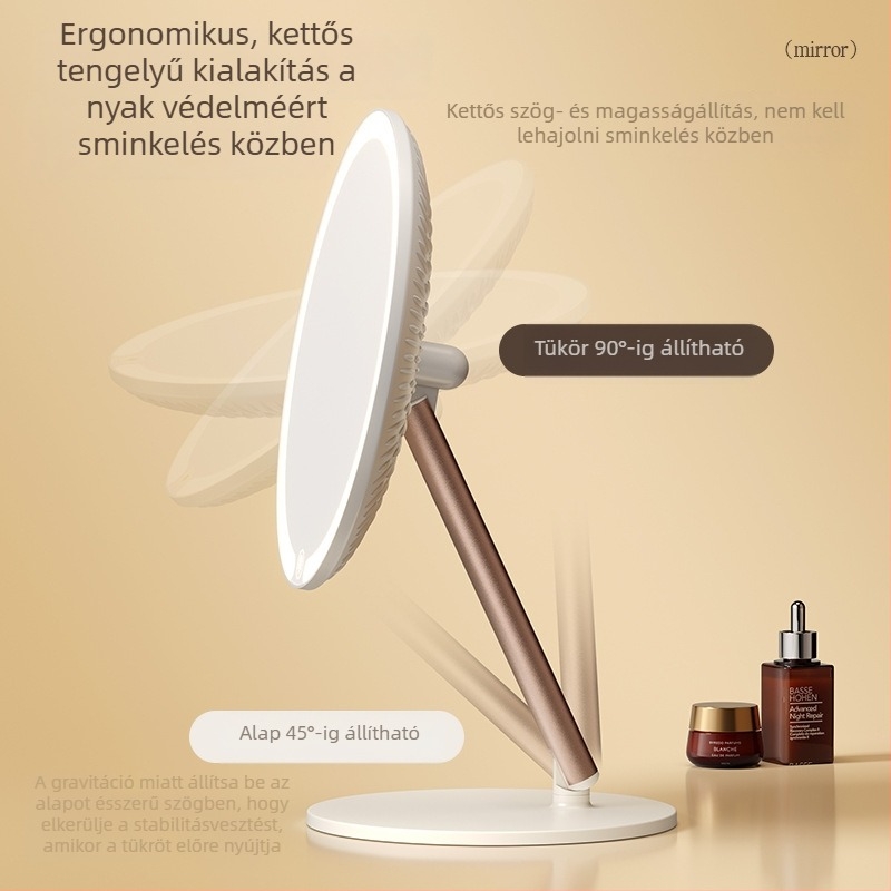LED világítású sminktükör asztali állvánnyal és integrált tárolóval, hordozható