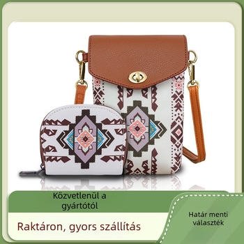 Boho-stílusú vászon női telefontáska - két darabos készlet, keresztpánttal, kis méret, munkához
