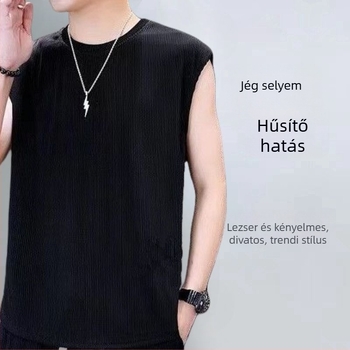 Férfi Ice Silk pliszírozott hosszú ujjú póló, kerek nyakú, könnyű tavaszi darab, kifinomult megjelenés