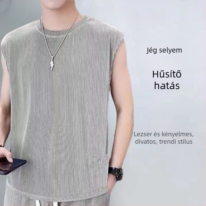 Férfi Ice Silk pliszírozott hosszú ujjú póló, kerek nyakú, könnyű tavaszi darab, kifinomult megjelenés
