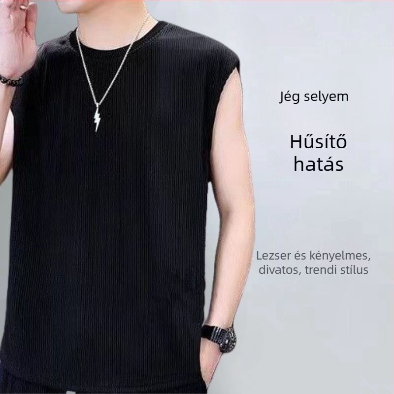 Férfi Ice Silk pliszírozott hosszú ujjú póló, kerek nyakú, könnyű tavaszi darab, kifinomult megjelenés
