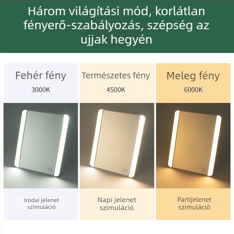 Kompakt sminktükör LED-del, kihúzható és kinyitható, asztali használatra, újratölthető