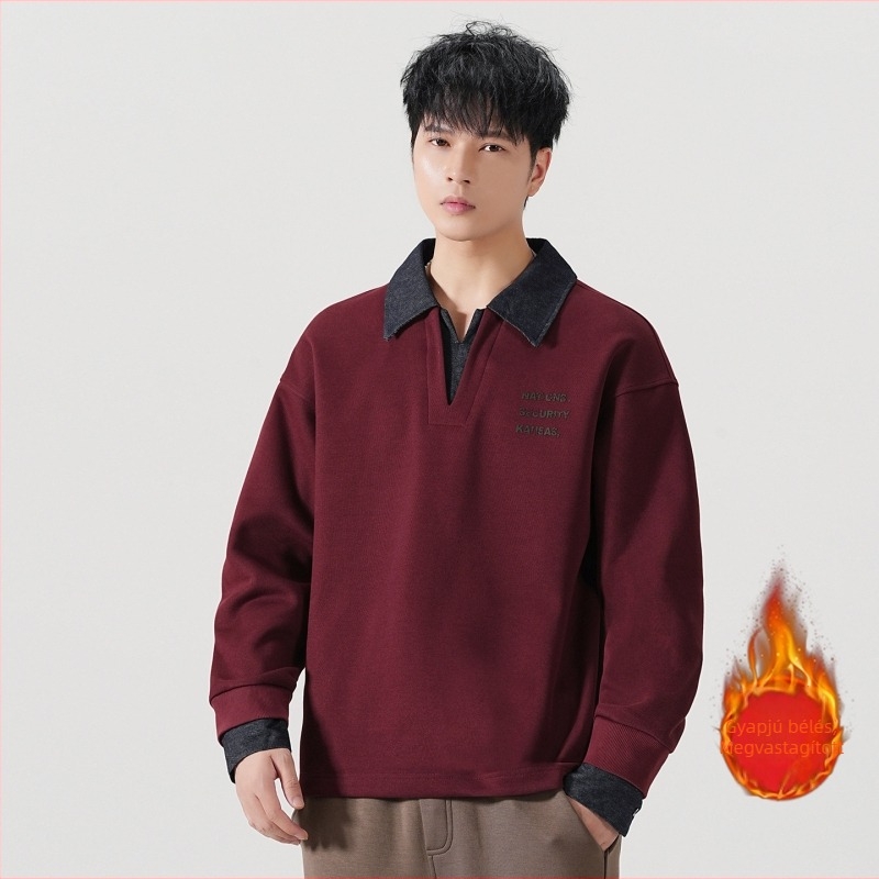 Férfi 360 g súlyú nehéz fleece pulóver denim kontrasztos panelokkal és reveres gallérral, lazán szabott