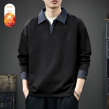 Férfi denim polo pulóver fleece-beléssel, 2025 tél, hosszú ujjú, laza szabás, kapucni nélkül, két rész hatás