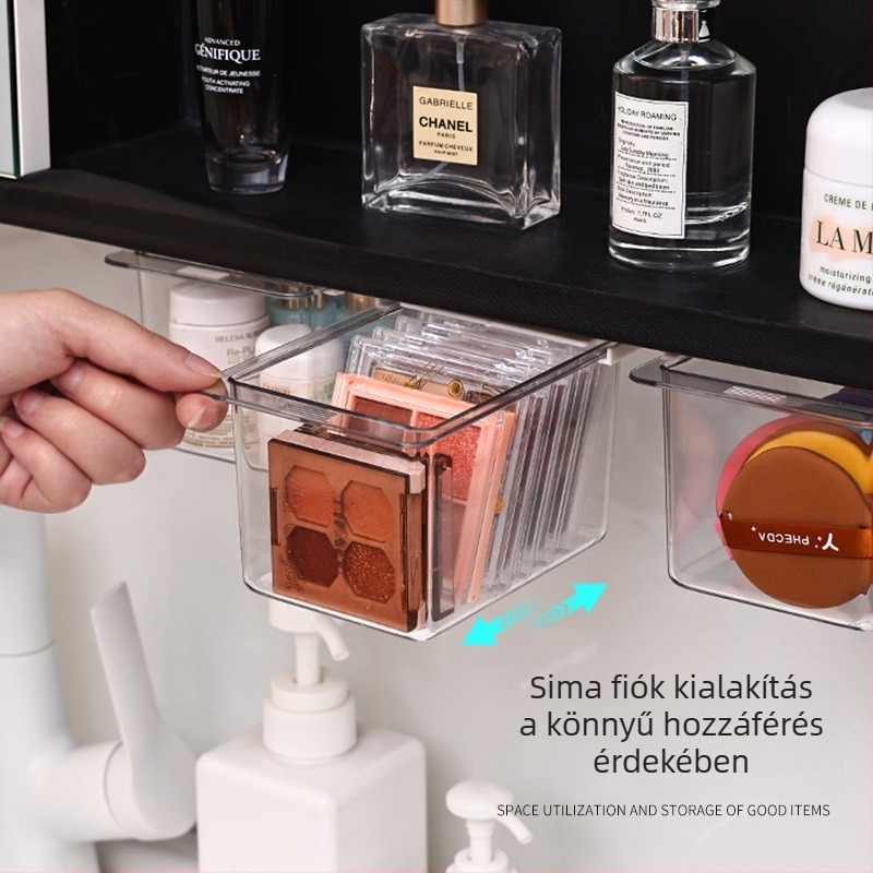 Átlátszó kozmetikai tároló fürdőszobához tükrös szekrénnyel, fúrás nélkül, fiókos, 1 L