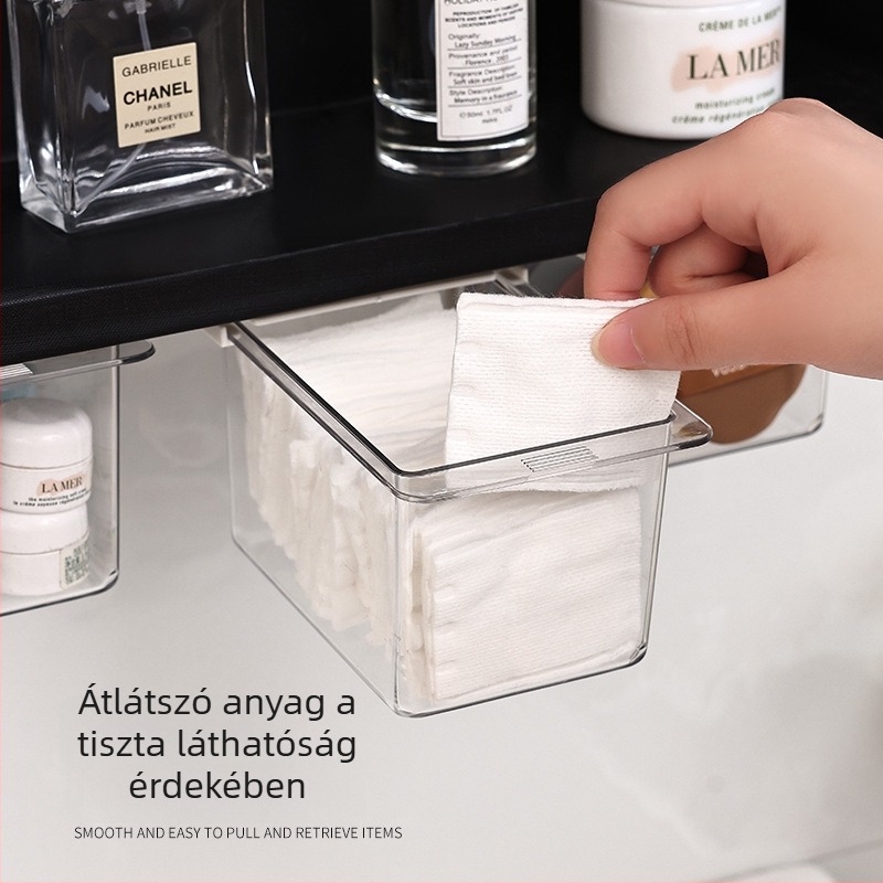 Átlátszó kozmetikai tároló fürdőszobához tükrös szekrénnyel, fúrás nélkül, fiókos, 1 L