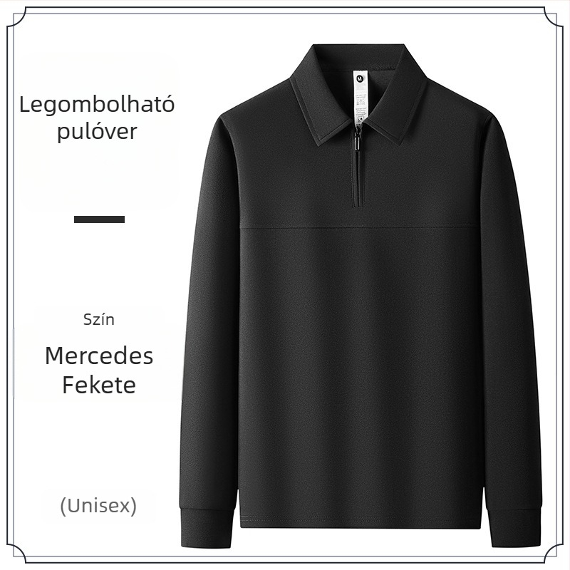 Férfi poló galléros pulóver, hosszú ujjú, egyszínű, slim fit, egyedi logóval