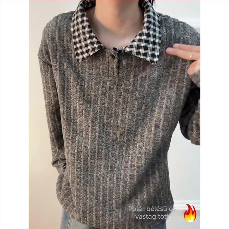 Férfi amerikai stílusú houndstooth galléros pulóver csíkos hosszú ujju téli vastag fleece alapréteg polo