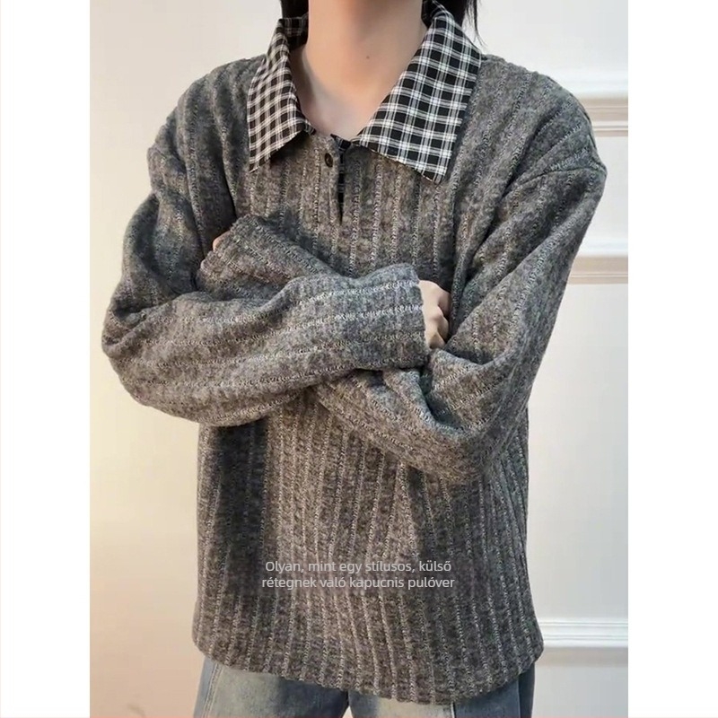 Férfi amerikai stílusú houndstooth galléros pulóver csíkos hosszú ujju téli vastag fleece alapréteg polo