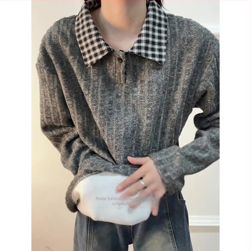 Férfi amerikai stílusú houndstooth galléros pulóver csíkos hosszú ujju téli vastag fleece alapréteg polo
