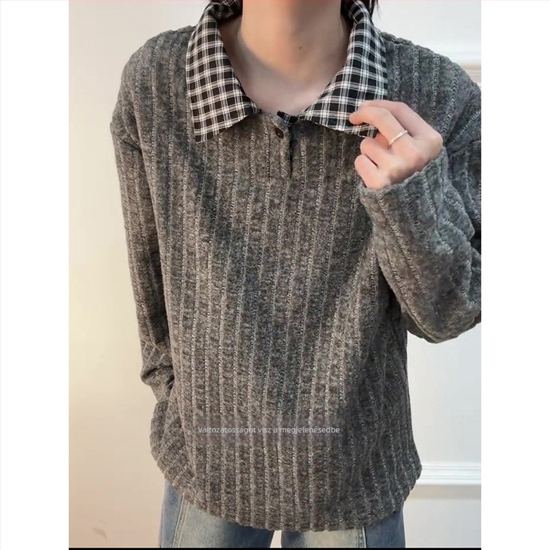 Férfi amerikai stílusú houndstooth galléros pulóver csíkos hosszú ujju téli vastag fleece alapréteg polo