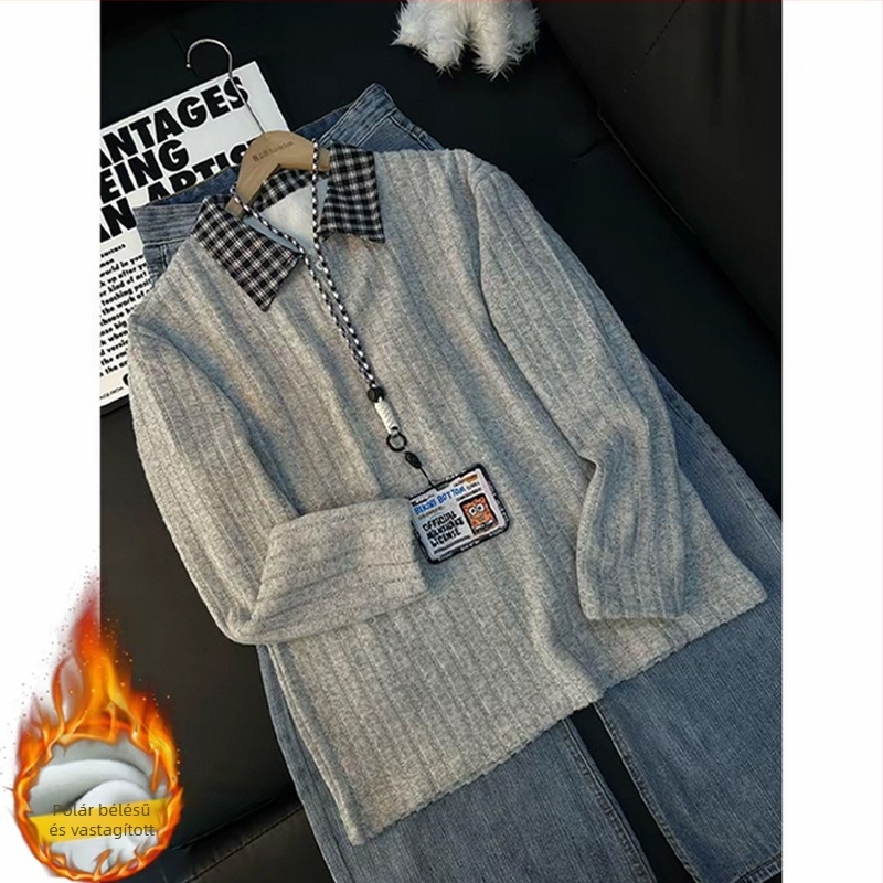 Férfi amerikai stílusú houndstooth galléros pulóver csíkos hosszú ujju téli vastag fleece alapréteg polo