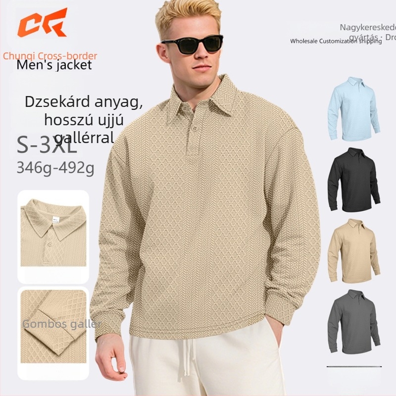 Férfi hosszú ujjú jacquard mintázatú egyszínű póló, laza szabás, gombos, poliészter