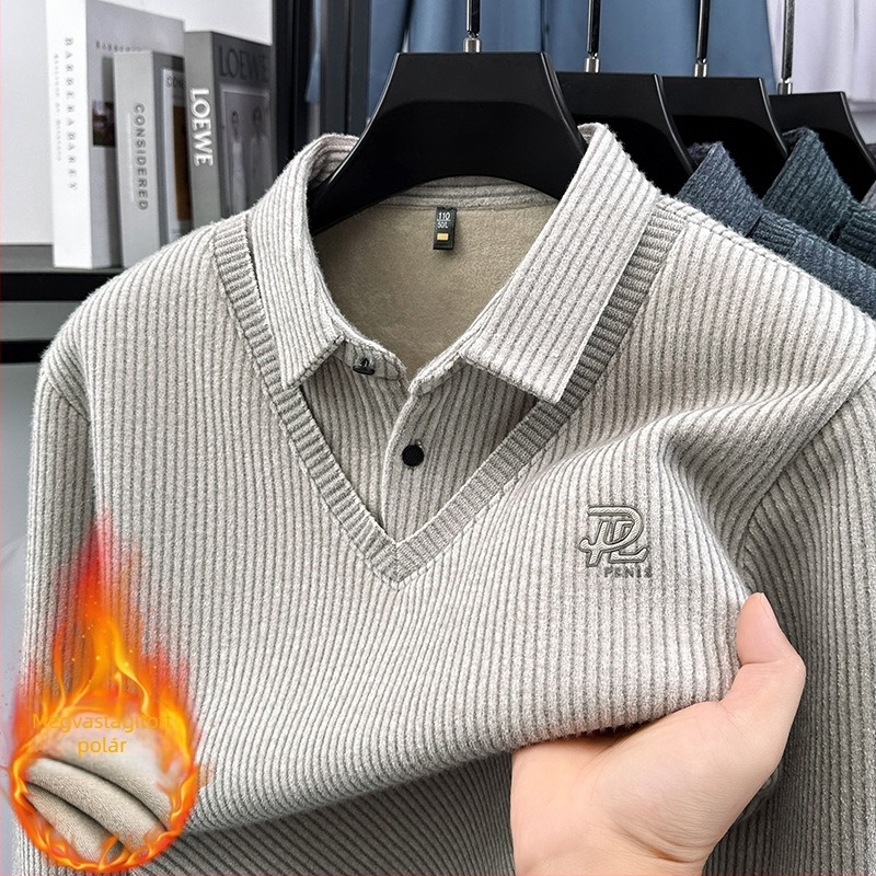 Téli velúr kötött polo pulóver fleece béléssel, csíkos dizájn, vastag és meleg