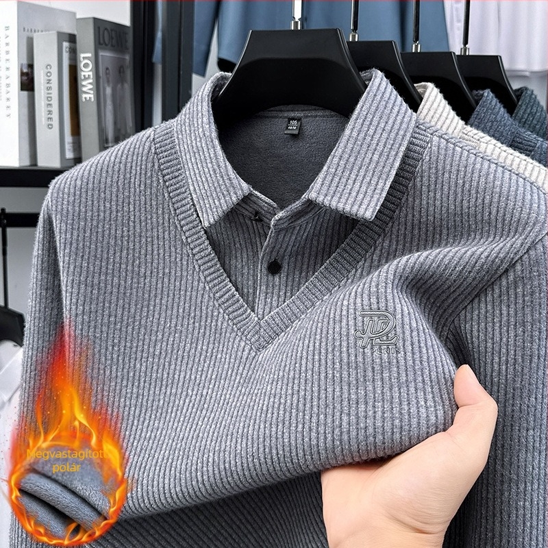 Téli velúr kötött polo pulóver fleece béléssel, csíkos dizájn, vastag és meleg
