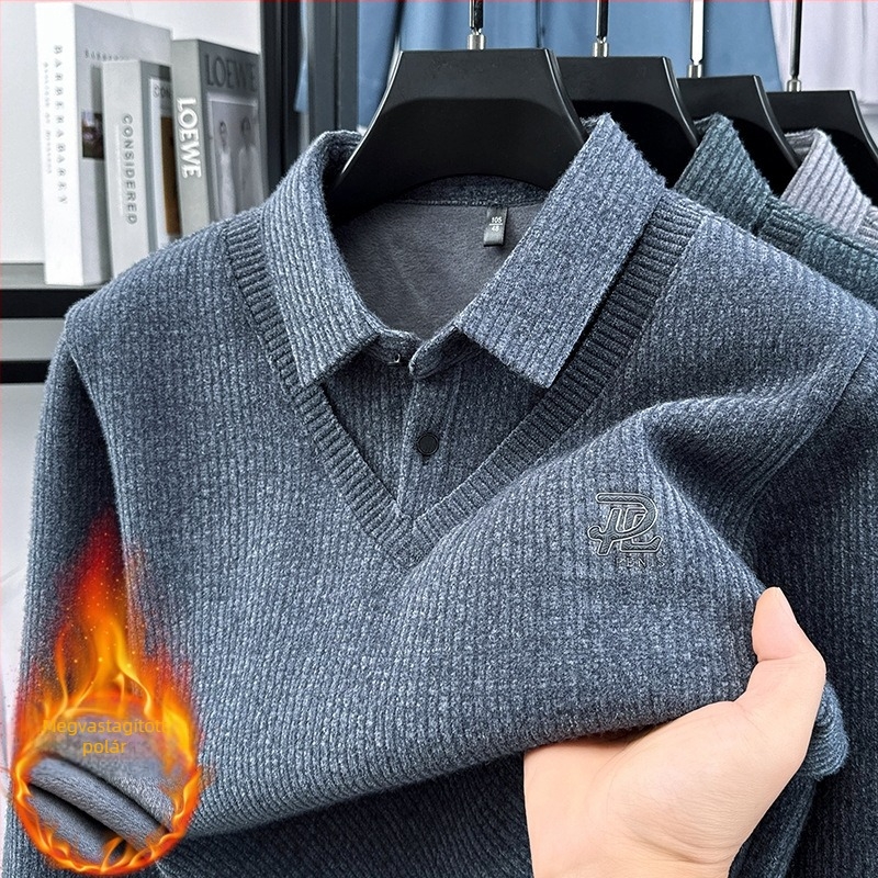 Téli velúr kötött polo pulóver fleece béléssel, csíkos dizájn, vastag és meleg