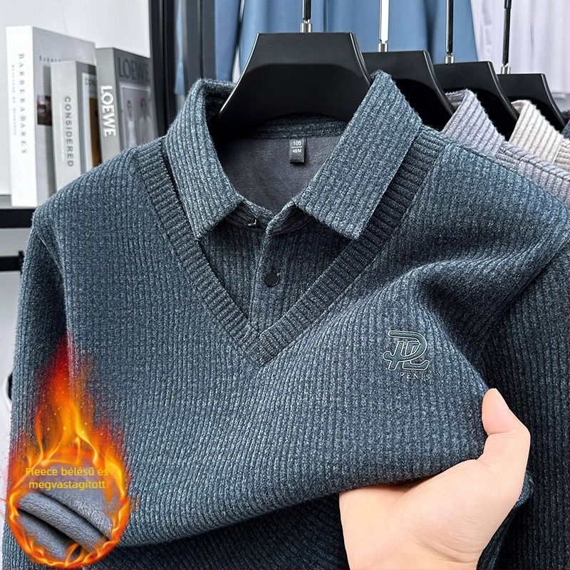 Téli velúr kötött polo pulóver fleece béléssel, csíkos dizájn, vastag és meleg