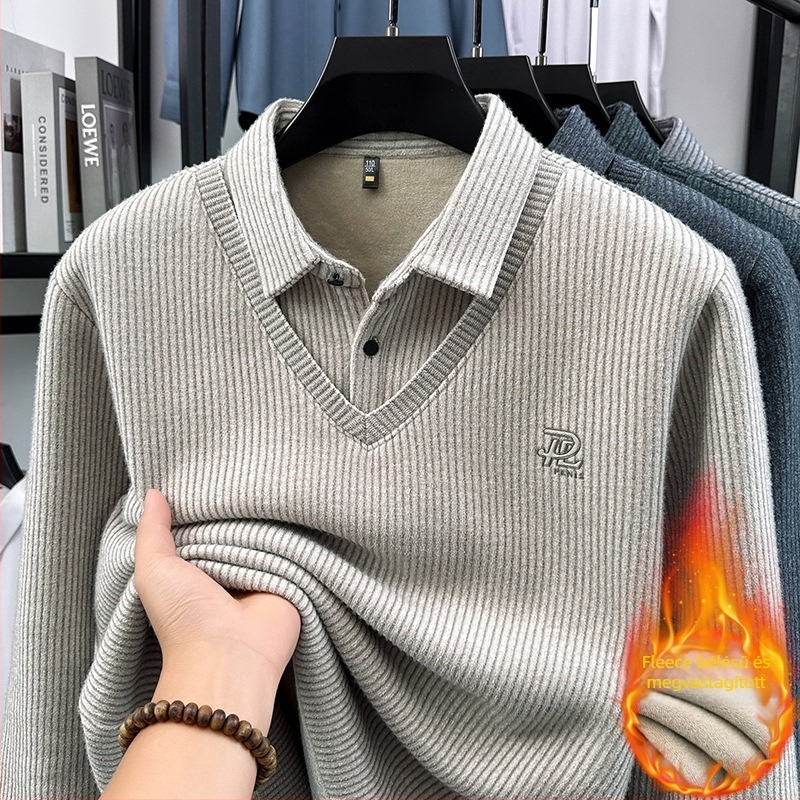 Téli velúr kötött polo pulóver fleece béléssel, csíkos dizájn, vastag és meleg