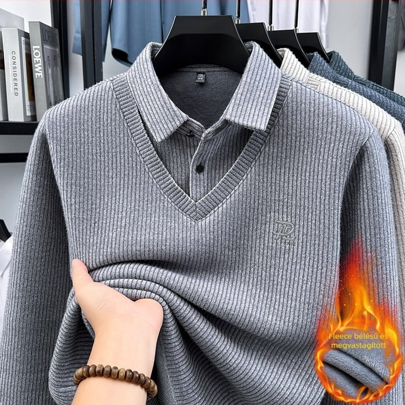 Téli velúr kötött polo pulóver fleece béléssel, csíkos dizájn, vastag és meleg