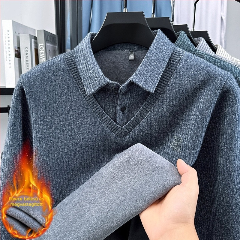 Téli velúr kötött polo pulóver fleece béléssel, csíkos dizájn, vastag és meleg