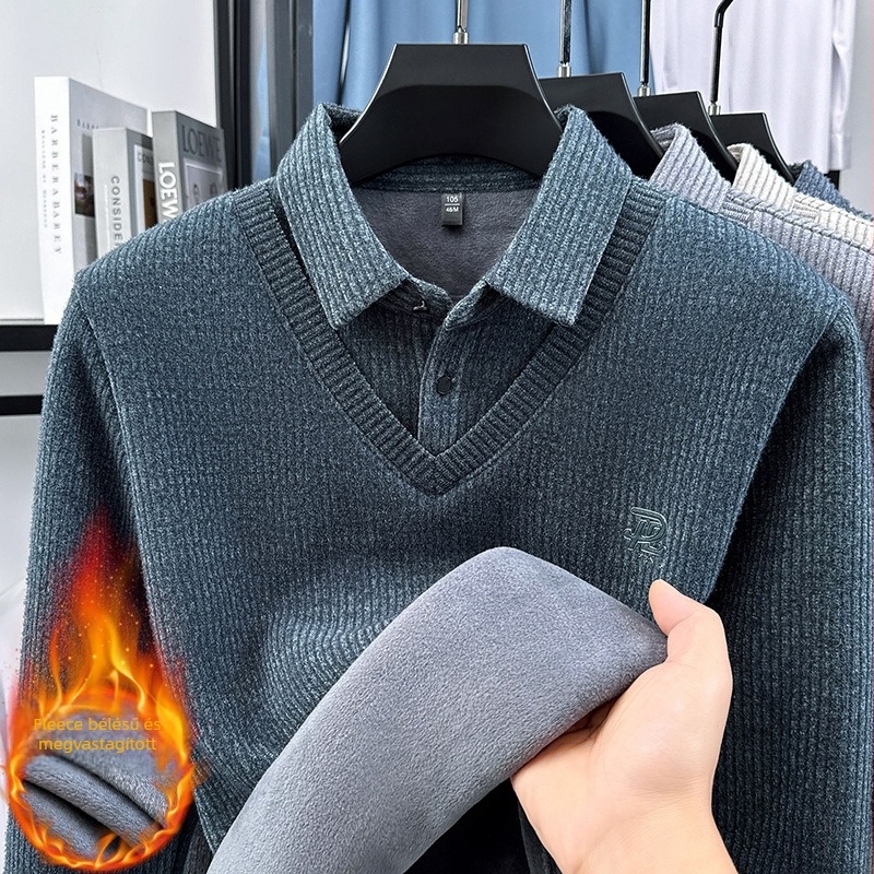 Téli velúr kötött polo pulóver fleece béléssel, csíkos dizájn, vastag és meleg