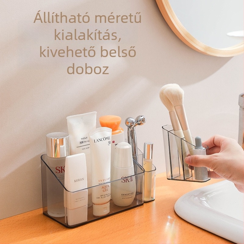Tükrös kozmetikai tároló szekrény rekeszekkel, áttetsző asztali rendező a rúzsokhoz és a bőrápoláshoz