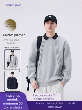 Férfi pamut-poliészter fleece polo hosszú ujjú, laza szabás, patch zseb