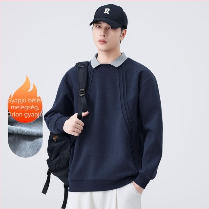 Férfi pamut-poliészter fleece polo hosszú ujjú, laza szabás, patch zseb