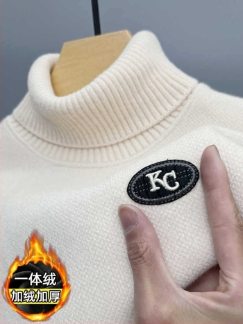 Férfi chenille pulóver fleece béléses, vastag kötött anyag, magas gallér, téli meleg