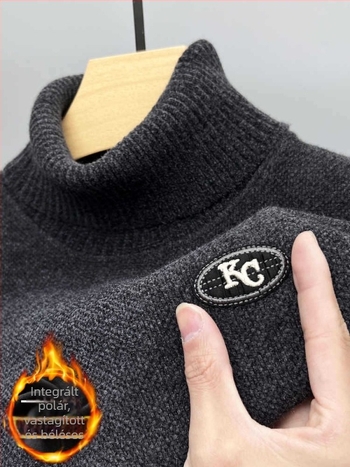Férfi chenille pulóver fleece béléses, vastag kötött anyag, magas gallér, téli meleg