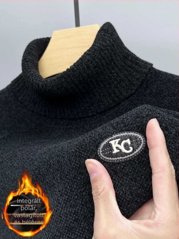Férfi chenille pulóver fleece béléses, vastag kötött anyag, magas gallér, téli meleg