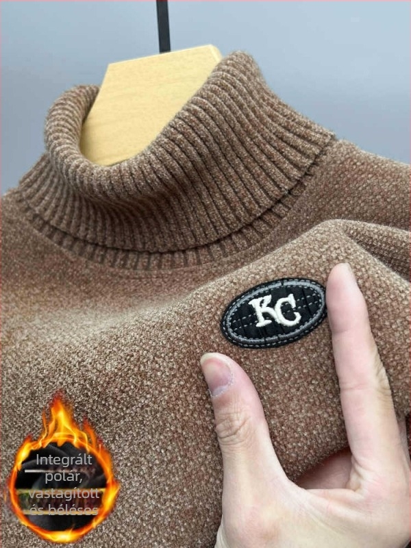 Férfi chenille pulóver fleece béléses, vastag kötött anyag, magas gallér, téli meleg