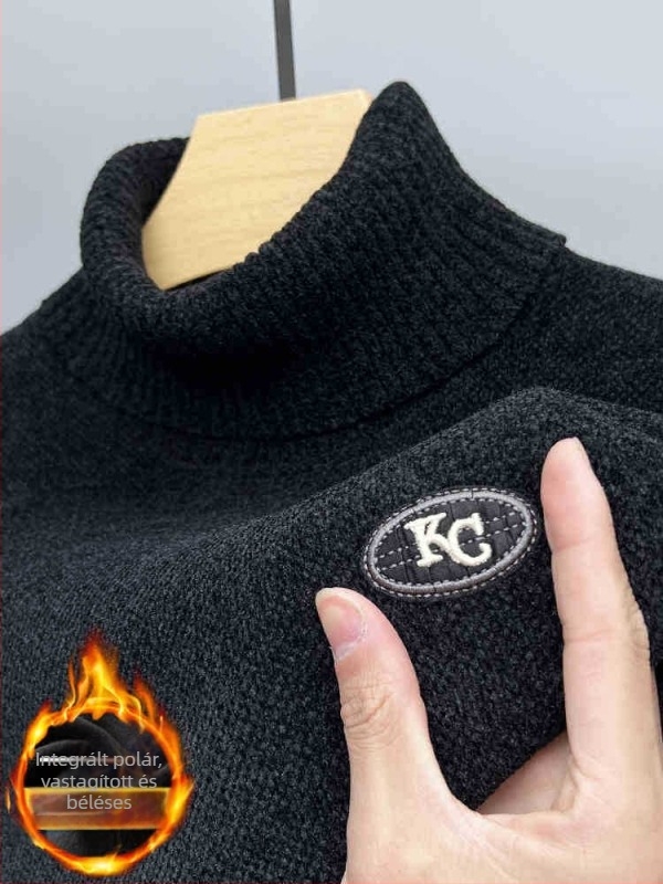 Férfi chenille pulóver fleece béléses, vastag kötött anyag, magas gallér, téli meleg