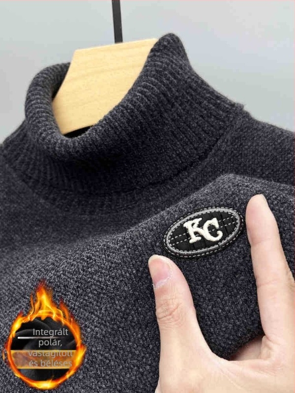 Férfi chenille pulóver fleece béléses, vastag kötött anyag, magas gallér, téli meleg