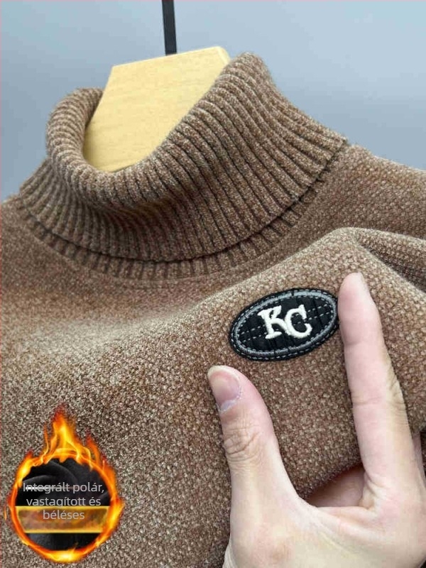 Férfi chenille pulóver fleece béléses, vastag kötött anyag, magas gallér, téli meleg