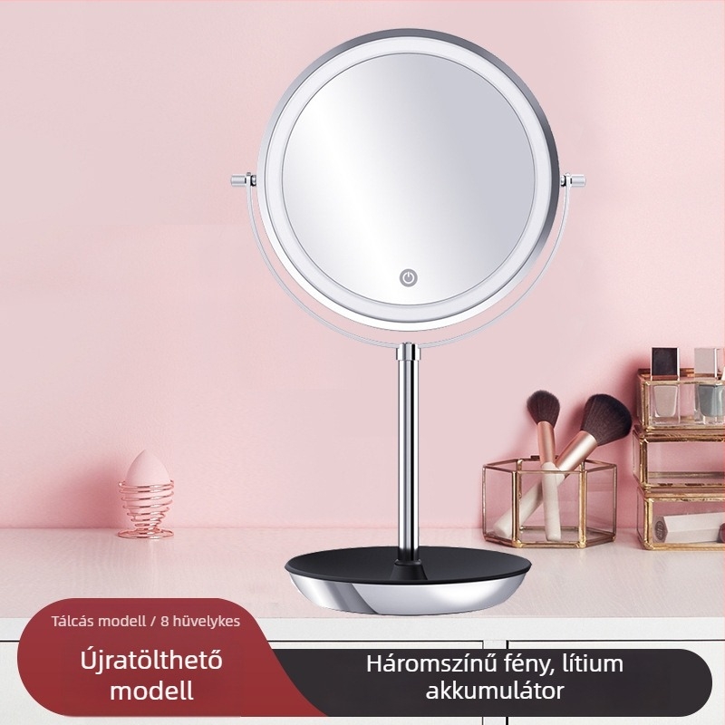 LED-es világítású sminktükör, kétoldalas asztali tükör, hordozható, 8 hüvelyk