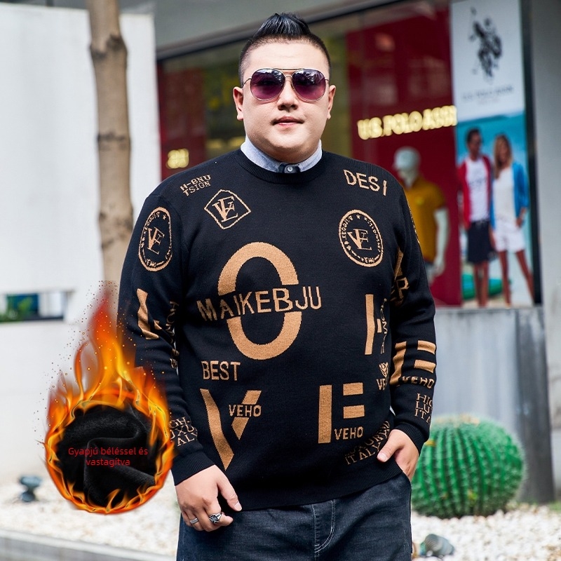 Plusz méretű férfi pulóver, hosszú ujjú, kerek nyakú, vastag jacquard kötött, őszi darab