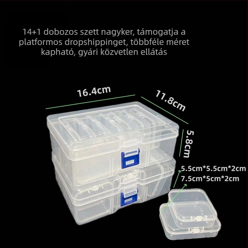 Átlátszó PP tároló doboz, 5,5 cm-es kis négyzet alakú doboz, 14 rekesz, körömlakk gyöngyök és apró kiegészítők számára