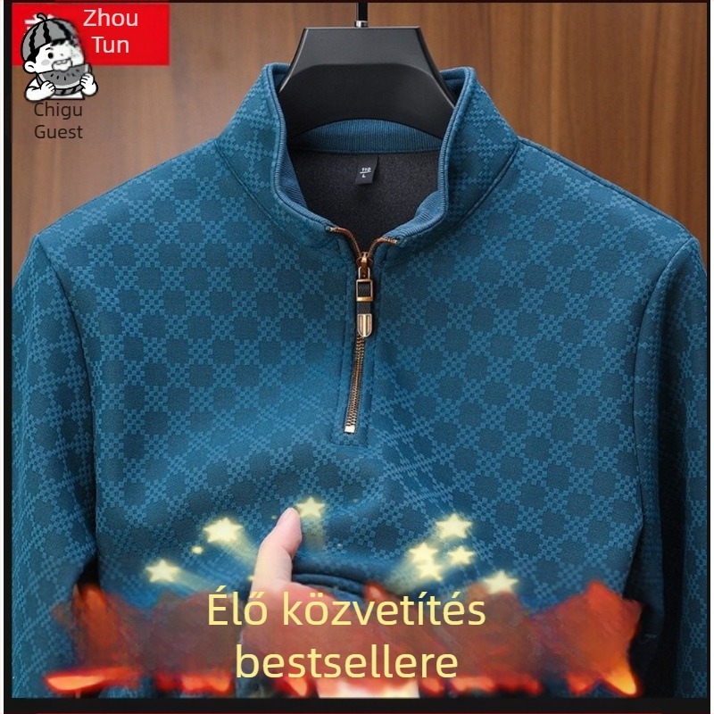Férfi félzip pulóver álló gallérral, fleece-beléssel, meleg téli alapréteg hosszú ujjú felső