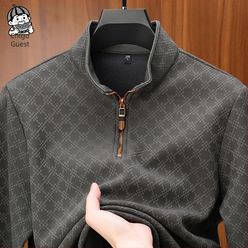 Férfi félzip pulóver álló gallérral, fleece-beléssel, meleg téli alapréteg hosszú ujjú felső