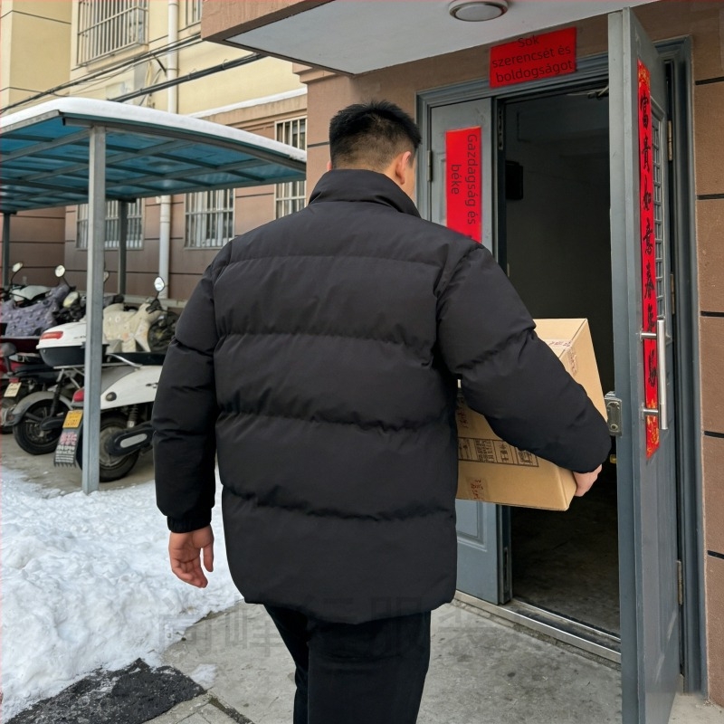 Férfiaknak amerikai stílusú vastag fleece-alapú bélelt pamut dzseki, rövid fazon, egyszínű, cipzáros, téli viselet
