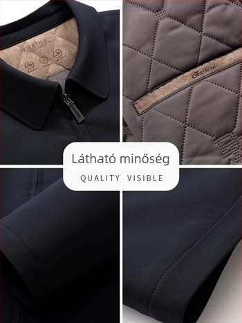 Férfi téli tömött pamutkabát poliészter töltettel, galléros, laza szabás, zipzár, oldalsó zsebek, kapucni nélkül, szélálló