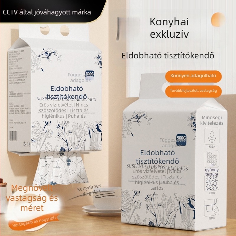 Egyszer használatos konyhai törlőkendő száraz–nedves használatra, függő, kihúzható kivitel, vastagabb, nedvszívó, szálmentes