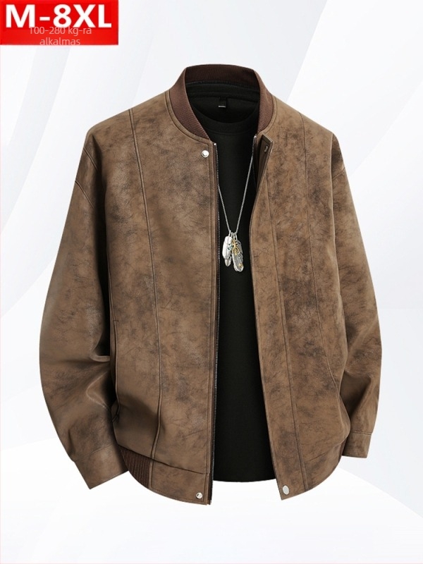 Tavaszi–ősz férfi PU bőrdzseki, vintage stílus, laza szabás, cipzárral, baseball gallér, velúr bélés, plusz méret