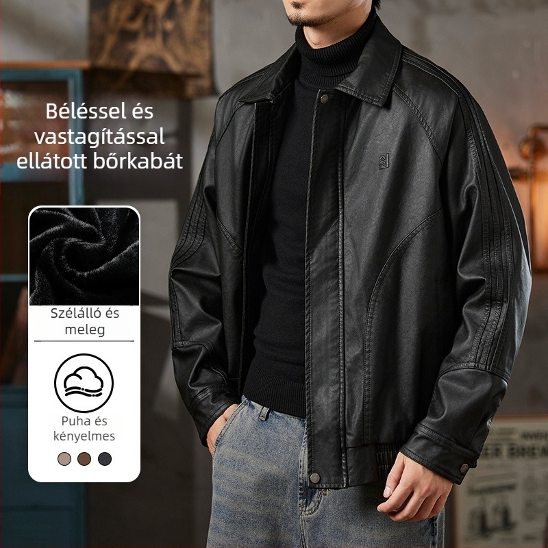 Férfi PU bőrkabát amerikai retro motorkerékpár-stílusban fleece-béléssel, téli meleg, gallér, cipzár, oldalsó zsebek